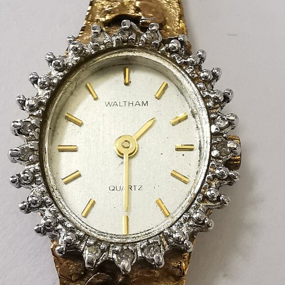 Vtg Waltham Ladies 15mm Watch Gold Nugget Style Band w Diamonds- RUNS - Picture 6 of 15